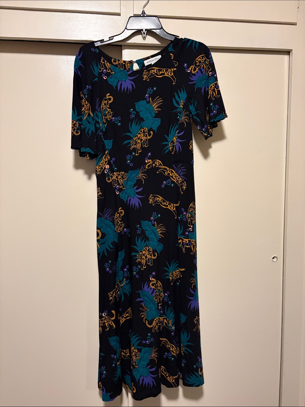 Emily and Fin  Black Midi Dress with Teal, Purple & Gold Leopard Print EUC Small